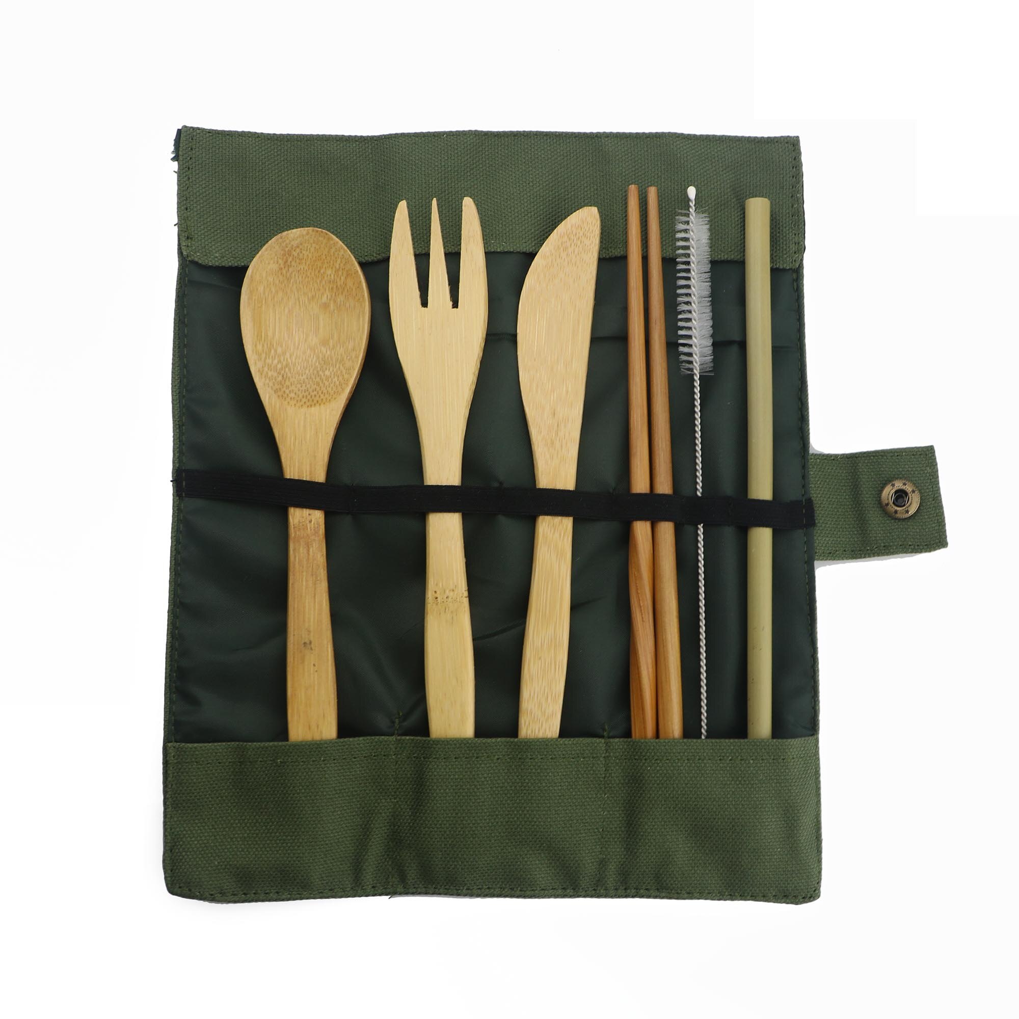 7-Piece Wooden Flatware Cutlery Set Bamboo Straw Set With Cloth Bag Knives Fork Spoon Chopsticks Travel
