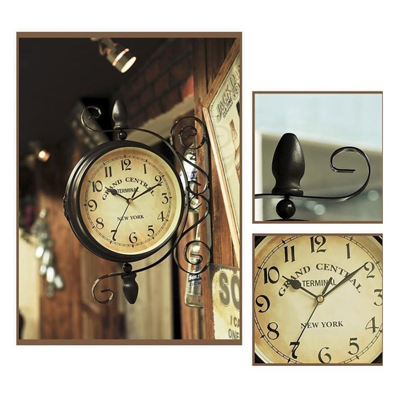 Reloj de pared lateral doble, de hierro, silencioso, Vintage, Estación Central, arte del reloj de pared, decorativo, de doble cara