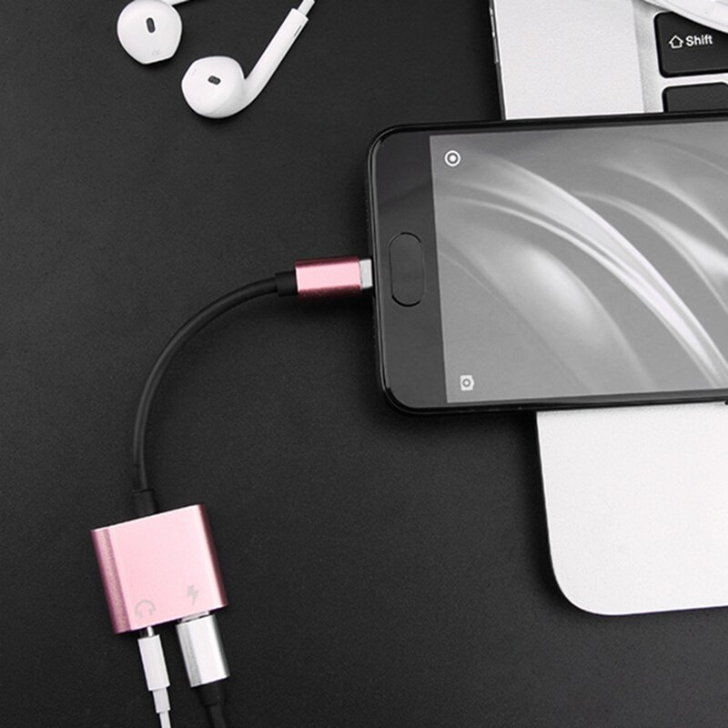 2 in1 type-c  to 3.5mm hoofdtelefoonaansluiting adapter/connector oplader, oortelefoon aux-uitgang & oplaadadapter: Roségoud 