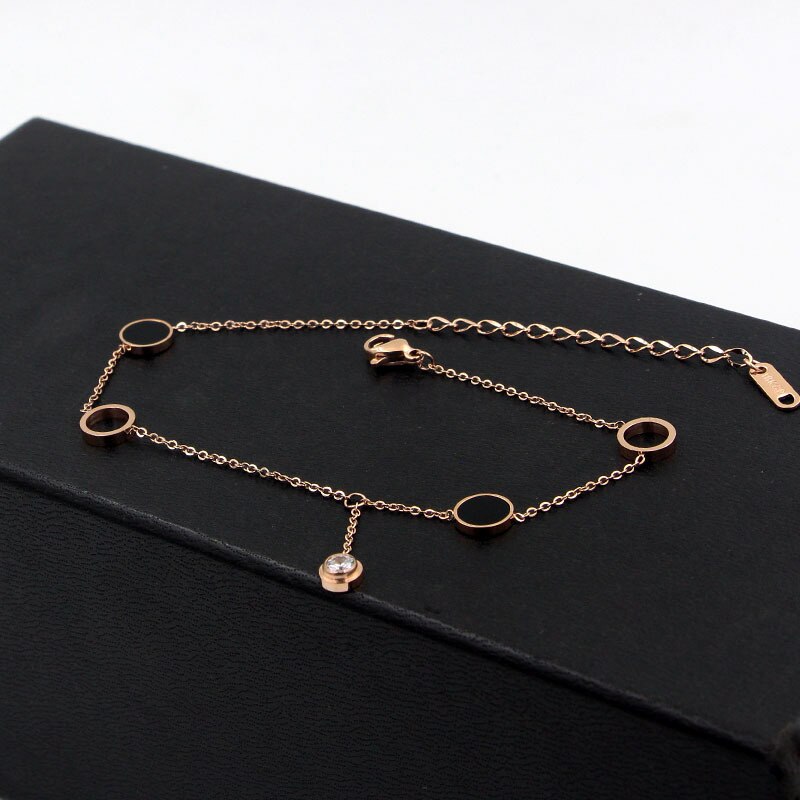 2 Circles 2 Enamel Circle Middle Zircon Anklets Top Titanium Steel Rose Gold Color Woman Jewelry