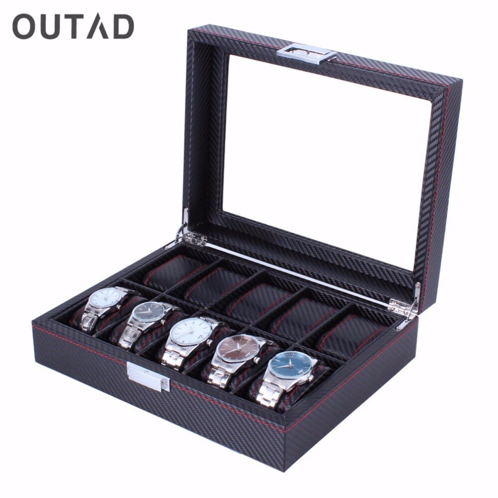 10 Grids Carbon Fibre Patroon Horloge Doos Horloge Houder Opbergdoos Sieraden Display Zwarte Kleur Case Organizer