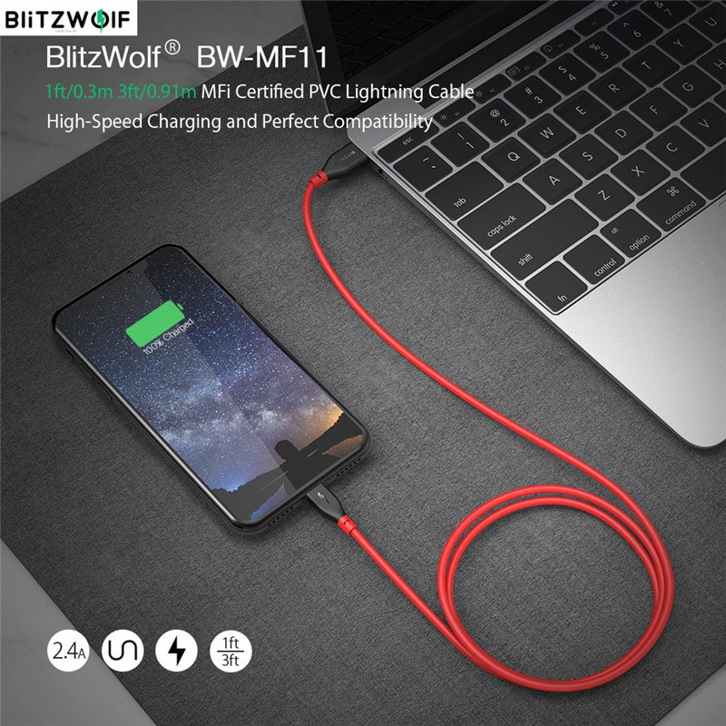 Blitzwolf BW-MF11 2.4A Usb Mannelijke Bliksem Kabel Snel Opladen Data Transfer Cord Tablet Telefoon Lijn Voor Iphone 12 Met mfi