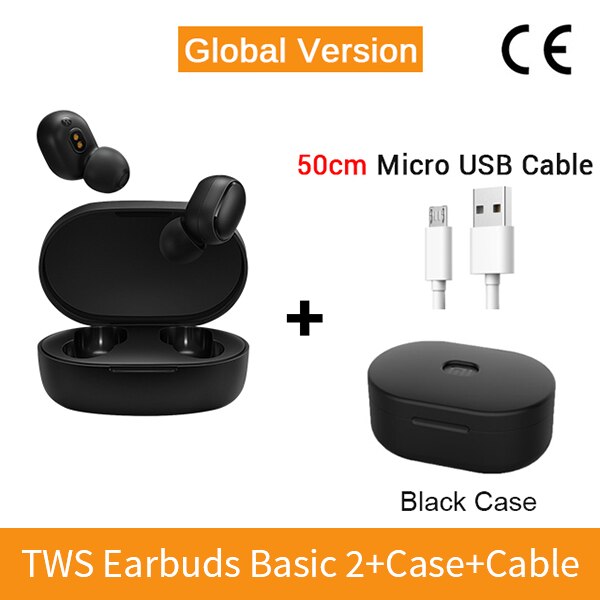 Original Xiaomi Redmi AirDots 2 Wireless Bluetooth 5.0 Earphone In-Ear stereo bass Earphones With Mic Left Right Low Lag Mode: BlackCase 50cmline