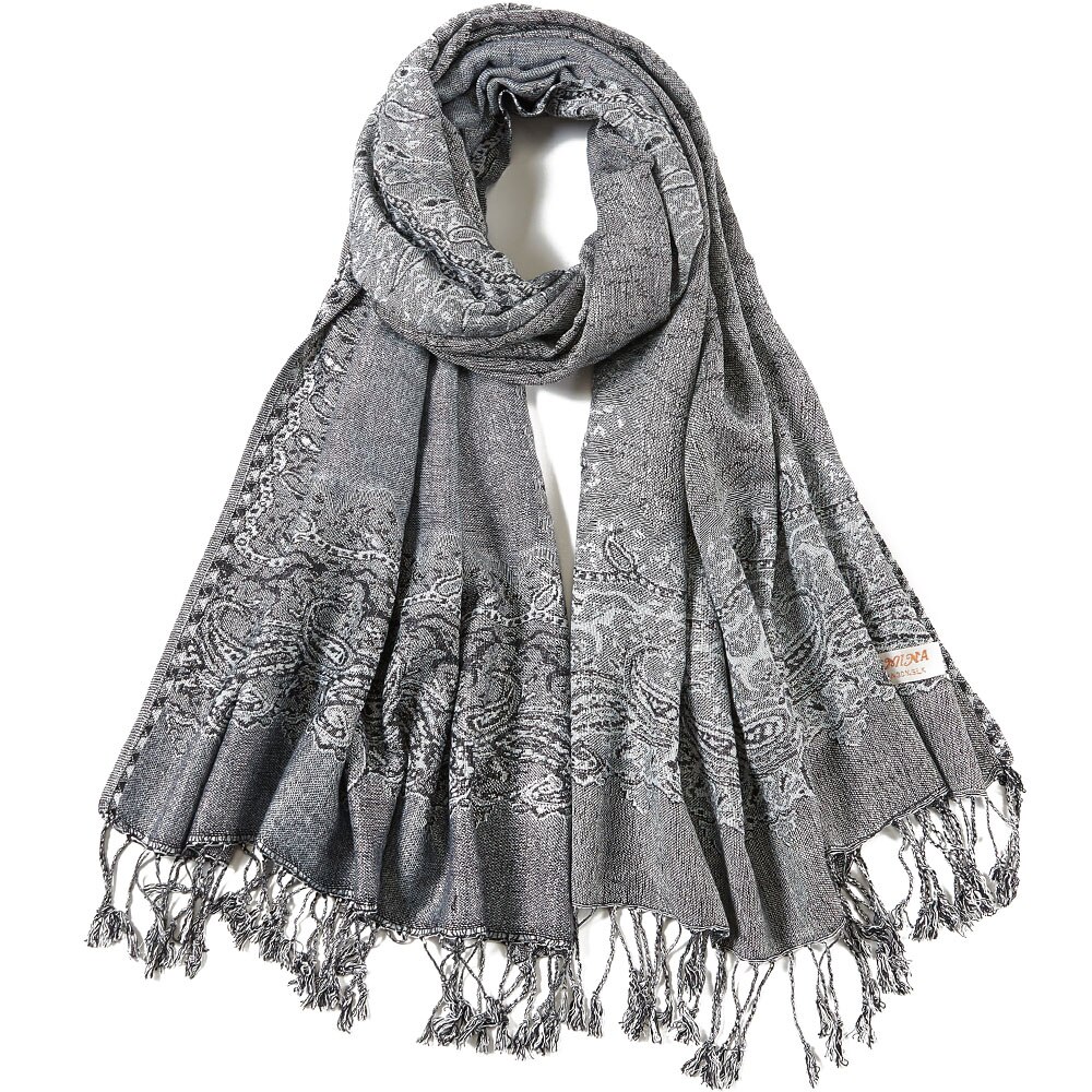 Paisley pashmina silke bomuld blandet luksus tørklæde sjal cap stjal jacquard hoved tørklæder kvast lang stor tynd klassisk: Grå