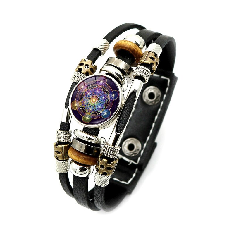 Mysterieuze Metatron Cube Vintage Armband Heilige Geometrie Bloem Van Leven Drukknoop Multilayer Punk Lederen Armband: Style-2