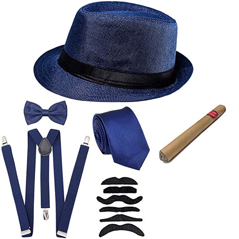 Halloween Cosplay Costume 1920s Mens Gatsby Gangster Accessories Set - Fedora Newsboy Hat Suspenders Armbands Tied Bowtie: blue