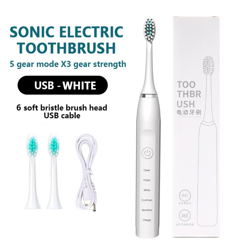 Brosse à dents ultrasonique puissante, Rechargeable par USB, pour adulte, électronique, lavable, facile à détendre,: white-1