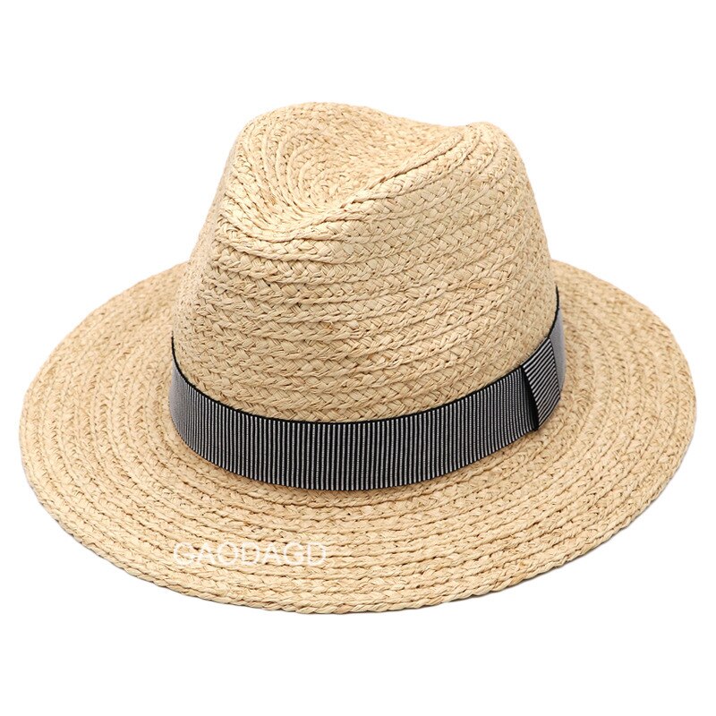 Naturlig raffia halm panama hatt män stor storlek fedora hatt dam sommar strand solkeps plus storlek bucket hattar 57cm 59cm 61cm 63cm: Randigt band / 59cm