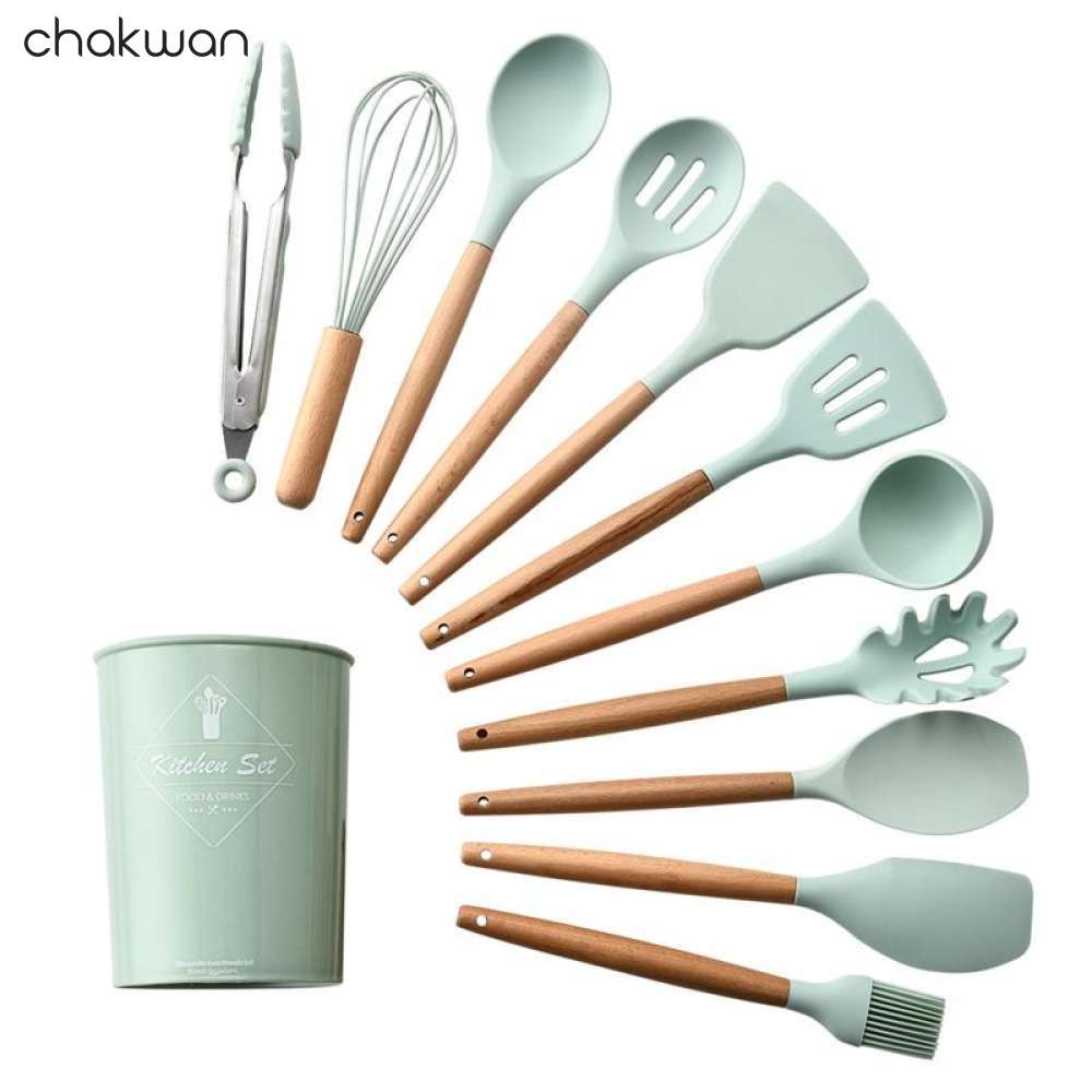 12 stk kjøkkenutstyr sett silikon kokekar kokespatel varmebestandig verktøy med trehåndtak til nonstick nonstick