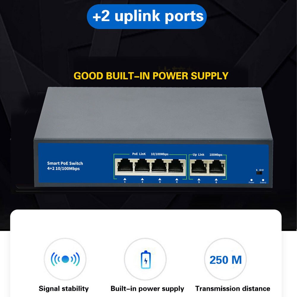 48V POE Switch 100Mbps Ethernet Network Switch 4 Ports PoE Switcher Standard RJ45 Injector for IP Camera/Wireless AP/CCTV