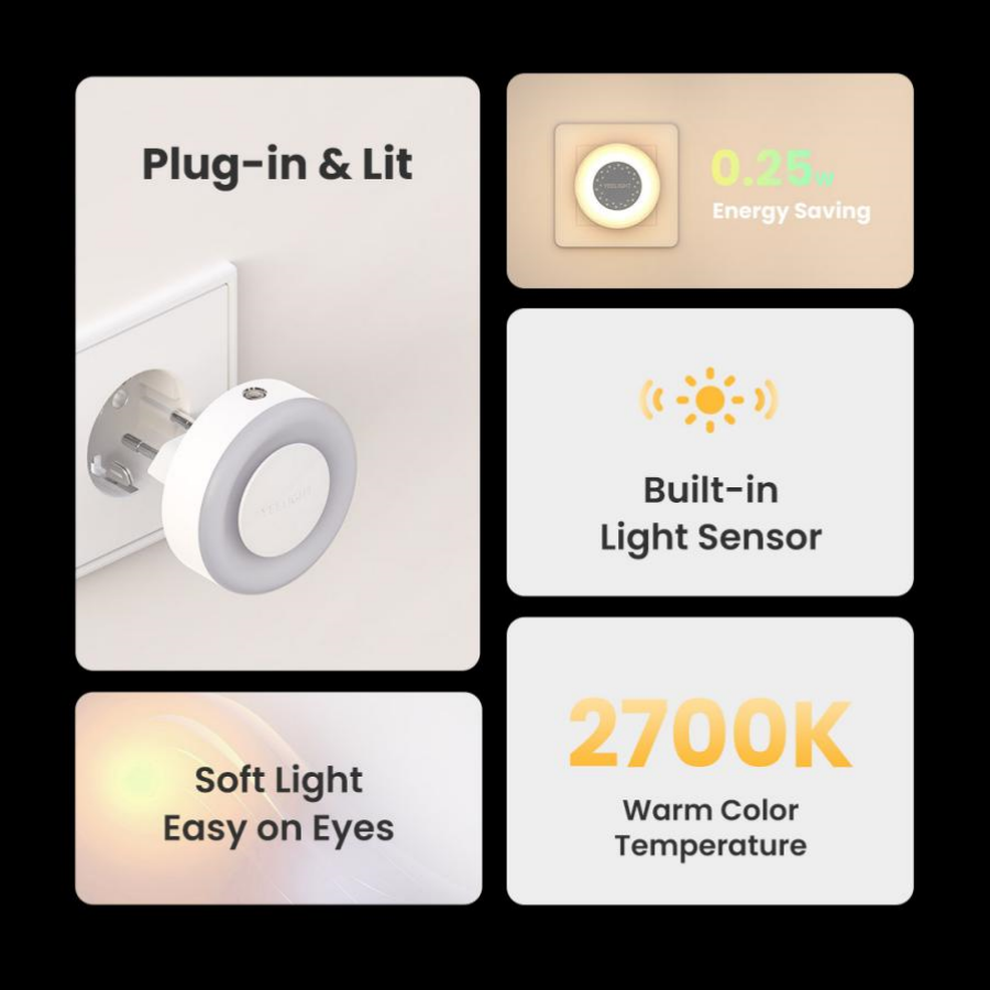 Yeelight Plug-in-Lichtsensor, Nachtlicht, 100–240 V, warme Farbe, 0,25 W, energiesparend, 2700 K, Beleuchtung, Lichtsensor, EU-Stecker