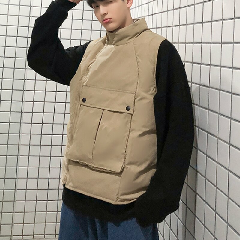 Vesten Mannen Kant Ritsen Zakken Solid Chic Warm Retro Grote Maat 2XL Oversize Heren Cargo Vest Dagelijks Uitloper Ulzzang Chic