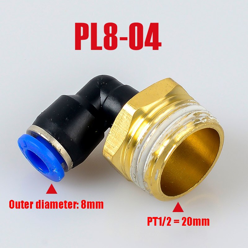 Pl pneumaattinen liitin 4mm-12mm letku  od 1/8 " 1/4 " 3/8 " 1/2 " uros pneumaattinen kierre putki kulmaliitin putki ilma työnnetään sisään: Pl8-04