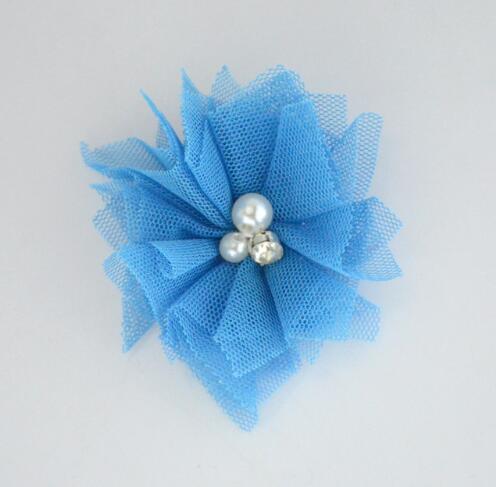 10 stks/partij 2.5 ''Mini Tulle Mesh Bloemen Met Strass Pearl Center Poof Bloemen Hoofdband Haar Accessoires: 07 blue