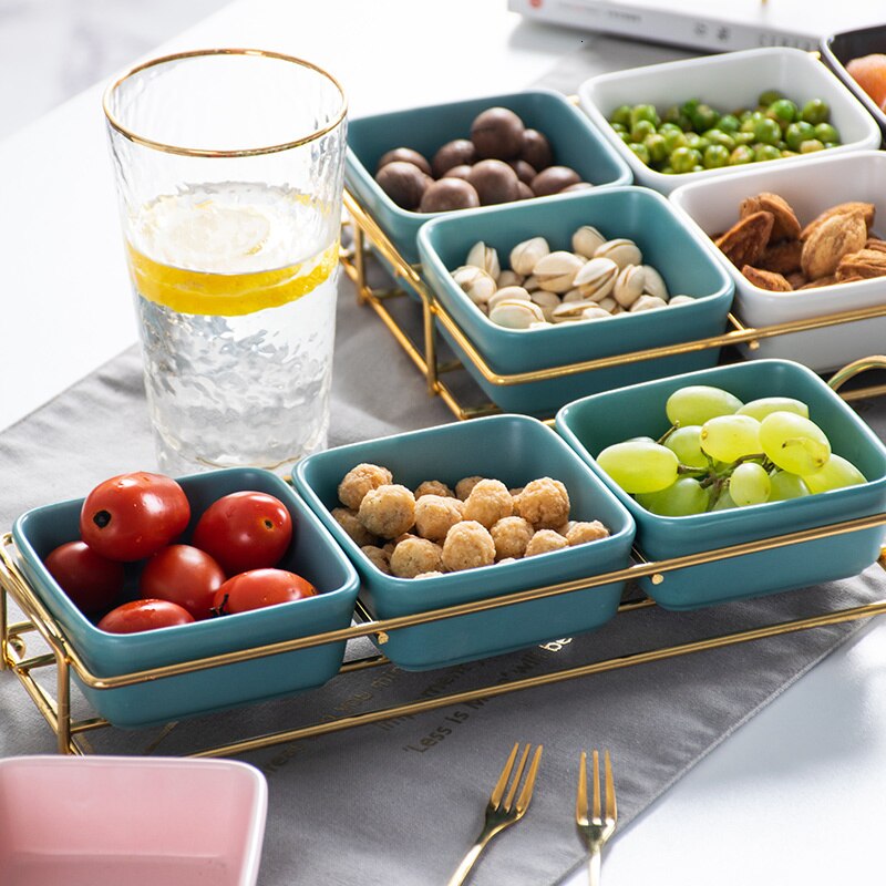 De cerámica bandeja de comida con divisores hogar fruta Bol para bocadillos bandeja de almacenamiento con soporte de hierro decoración de bandejas de ensalada