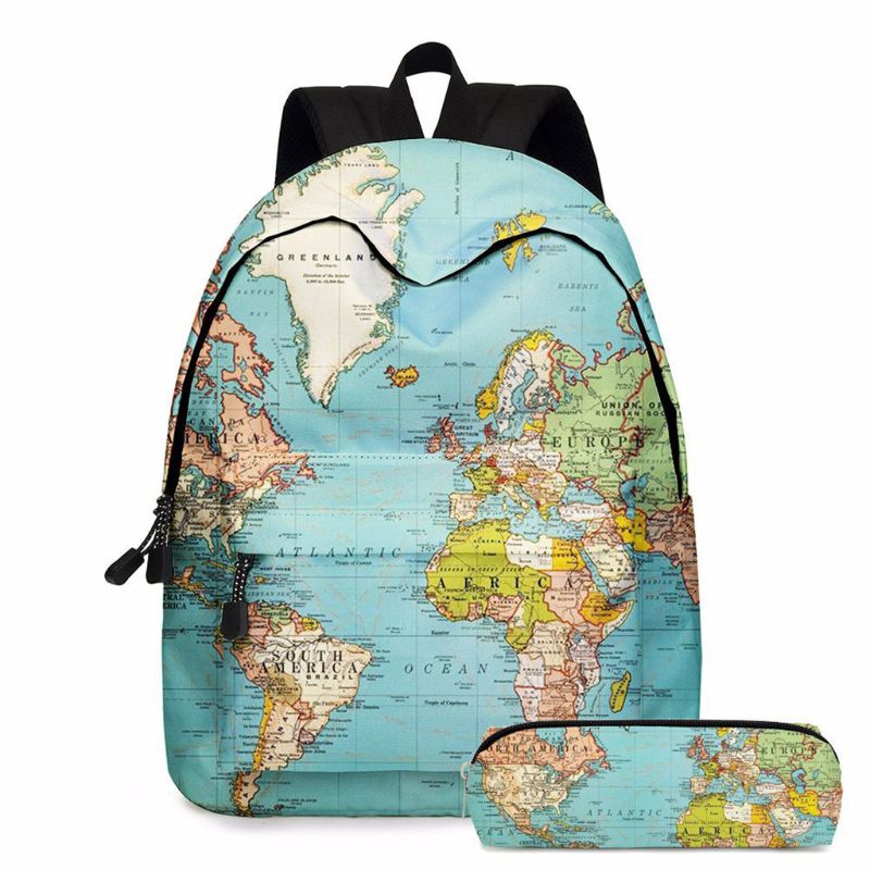 2 stk verdenskort udskrivning rygsæk laptop dagsæk bogtaske med penalhus sæt rejse dagsæk studerende rygsæk