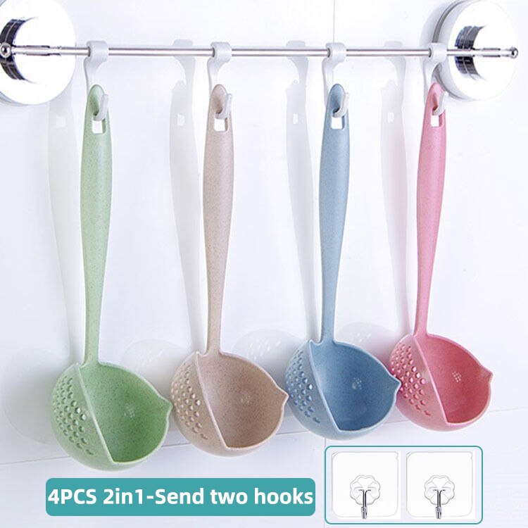 Obelix 2 in 1 Wheat Straw Soup Spoon Long Handle Porridge Spoons Meal Filter Tableware Home Cooking Tools Kitchen Accessories: 4PCS-A