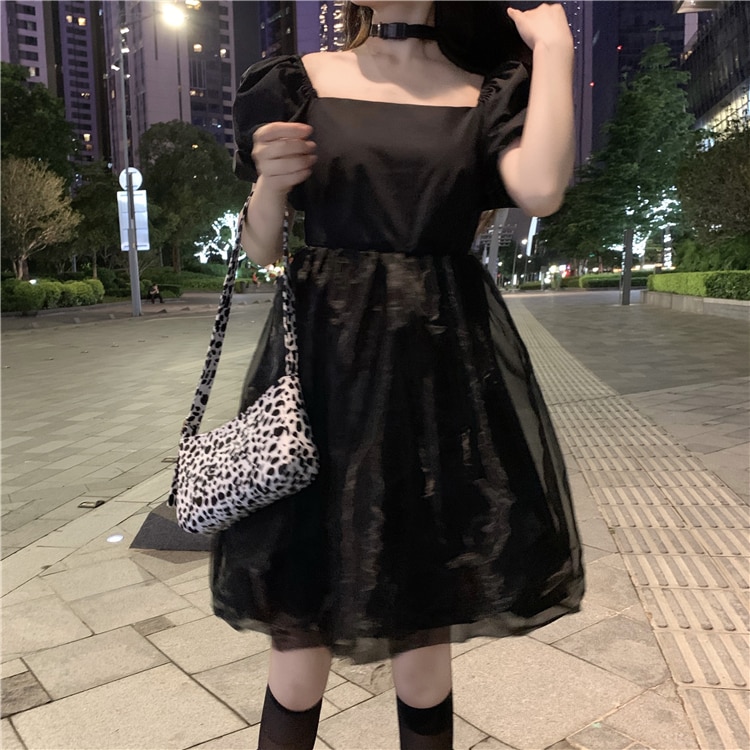 Fee Zoete Onsterfelijke Mesh Midi Bubble Rok Hipster Bladerdeeg Mouw Vierkante Kraag Jurk Zomer Stijl Sweet Lolita Dress