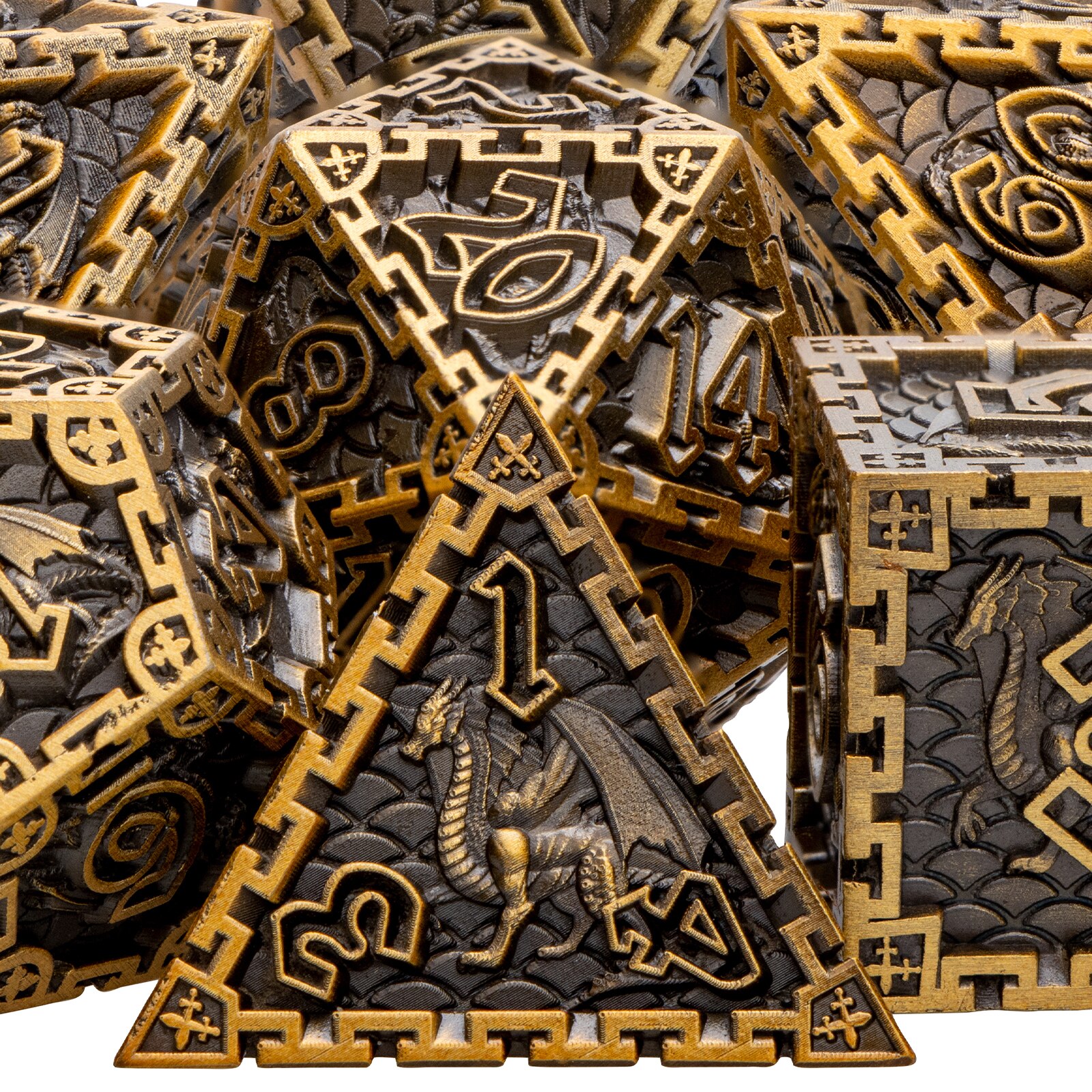 Metal Polyhedral DND Dice Set Dungeon and Dragon D&amp;D Dice for MTG Pathfinder RPG Roll Playing Game D20 D12 D10 D8 D6 D4: Gold  Black Numbers