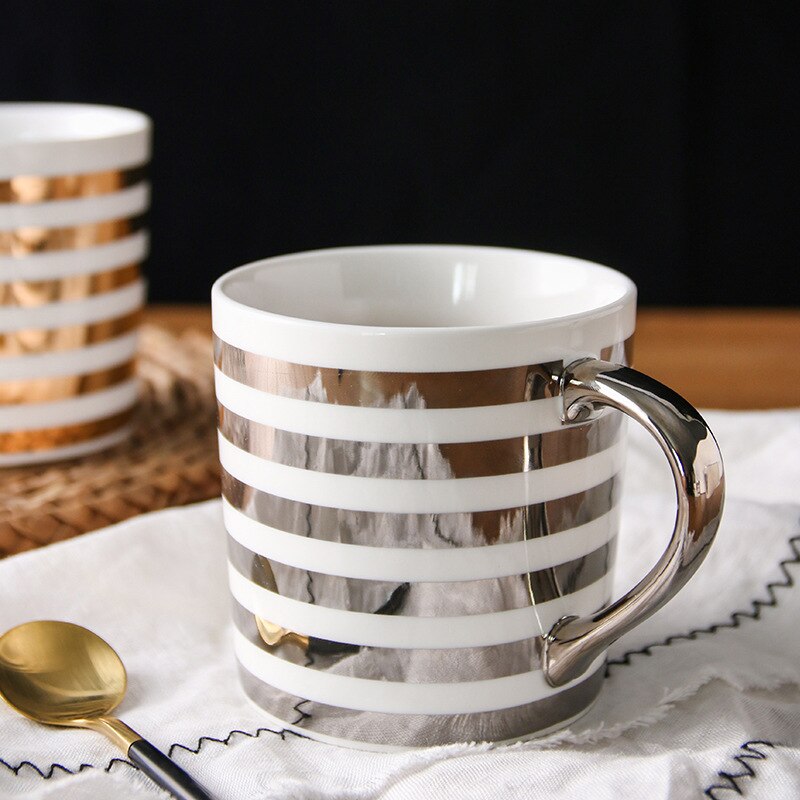 Golden Ceramic Mug Porcelain Coffee Mug China Bone Milk Tea Cup Love Heart Stripe Coffee Cup Drinkware