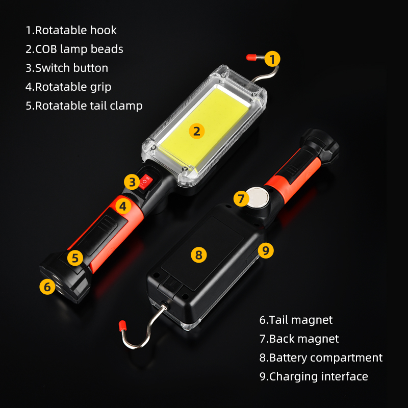 ledet arbeidslys kolbe flomlys 8000lm oppladbar lampe bruk 2*18650 batteri ledet bærbar magnetisk lys krokklemme vanntett