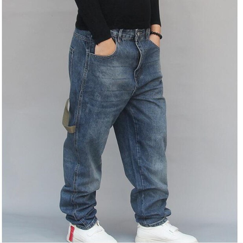 Løse baggy jeans til mænds afslappede denimbukser hip hop harem jeansbukser blå plus størrelse skridt denimbukser