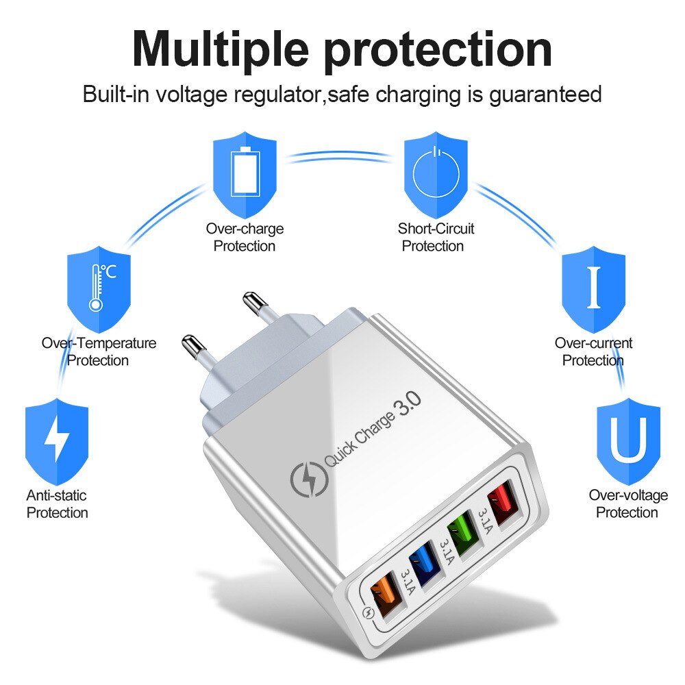 Cargador de teléfono móvil de carga rápida 4USB QC3.0, cabezal de carga de color 3A, luz LED con interfaz USB EU/US 110-220V, parámetros de entrada