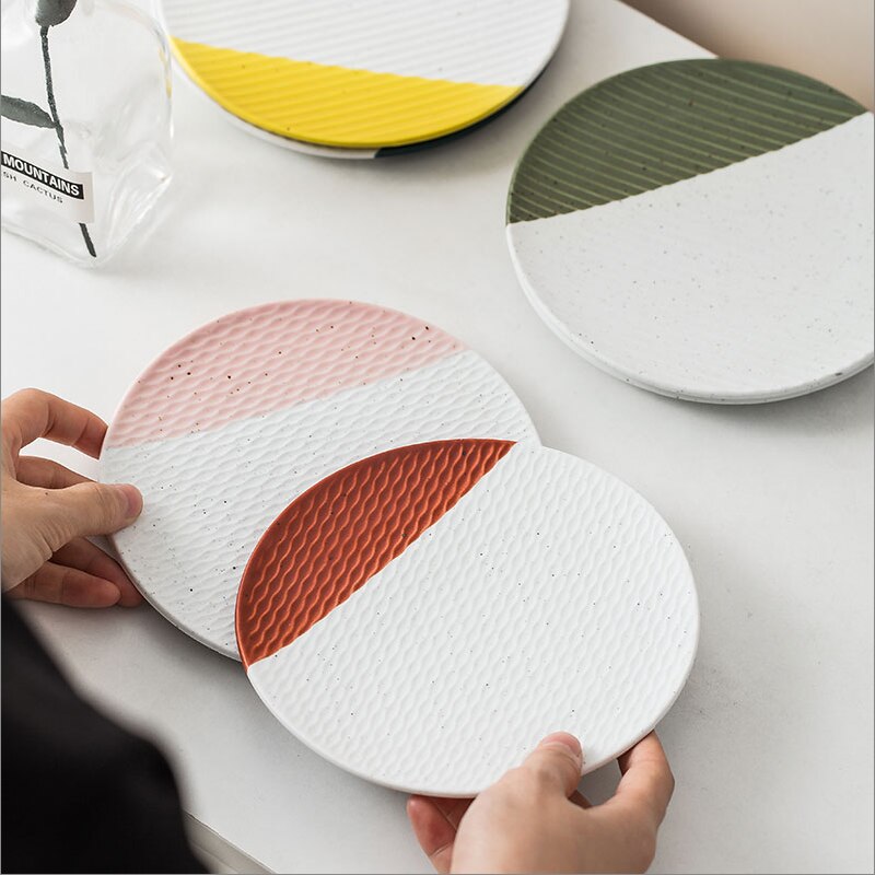 Platos de postre coloridos, platos de pastel, ensaladas, platos planos pequeños, postres de piedra, platos redondos de fruta, platos de desayuno