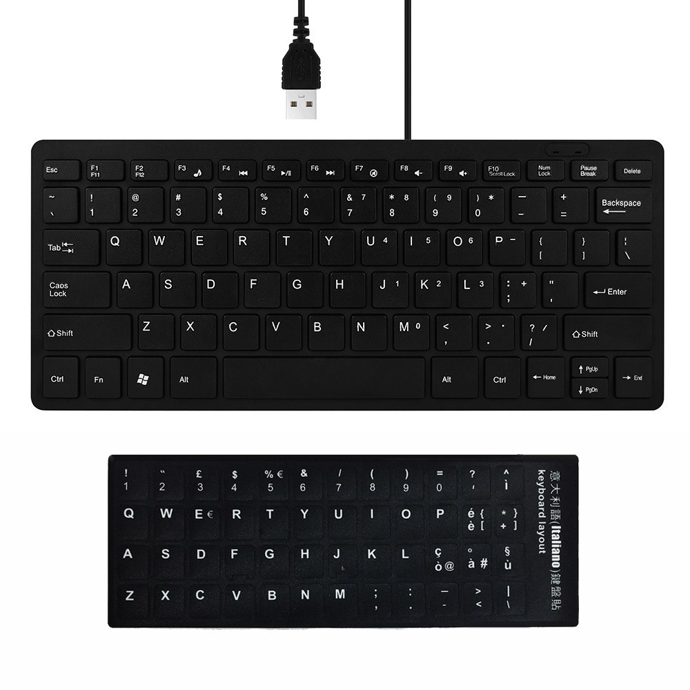 Ultracienka klawiatura przewodowa USB 2.0 Mini Multimedia 78 klawiszy PC Laptop klawiatura do gier z hiszpańską arabską rosyjską hebrajską naklejką