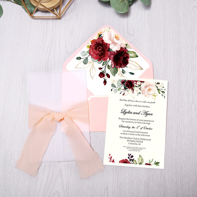 1 stk invitationskort brude, baby shower invitation, fødselsdag, middag invitationer, pink lomme med blomst: Lyserød bordeaux blomst