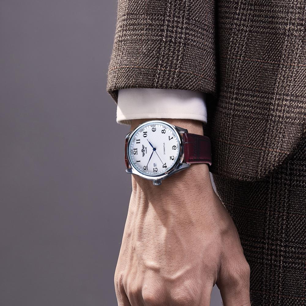 Winnaar Retro Klassiek Kalender Casual Riem Blauwe Handen Herenmode Automatische Mechanische Horloges Topmerk Luxe Relogios