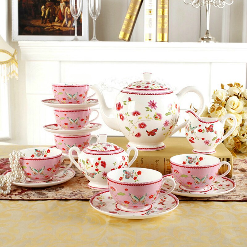 Pink Kawaii Bone China Coffee Cup Rose Garden European Style Sugar Bowl Kettle Cute Couple Cups Saucers Tea Mug Set Kitchen