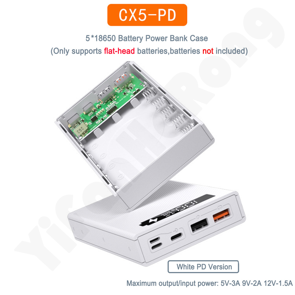 Quick Charge 5*18650 Power Bank Case 10W Wireless Charging USB Charger QC 3.0 PD DIY Shell 18650 battery Holder Charging Box: PD White