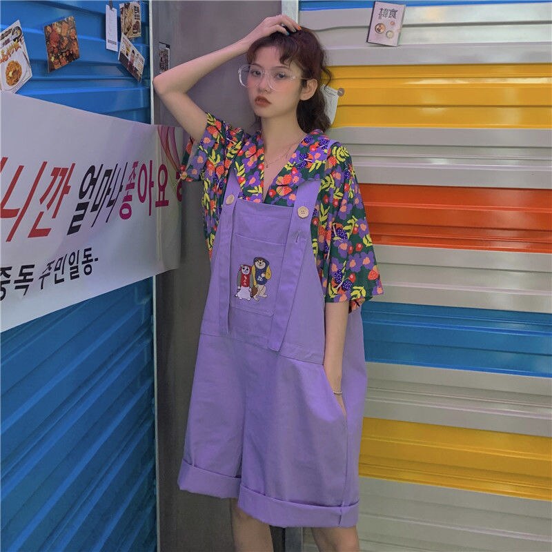 Monos Harajuku morados Ulzzang para mujer, Pelele de dibujos animados de gran tamaño, estilo universitario, trajes para mujer: S