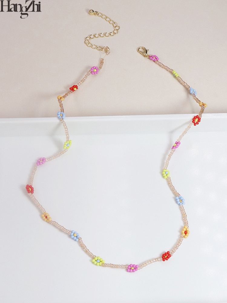 HangZhi Summer Sweet Choker Colorful Flowers Transparent Crystal Acrylic Beaded Clavicle Necklace for Women Jewelry