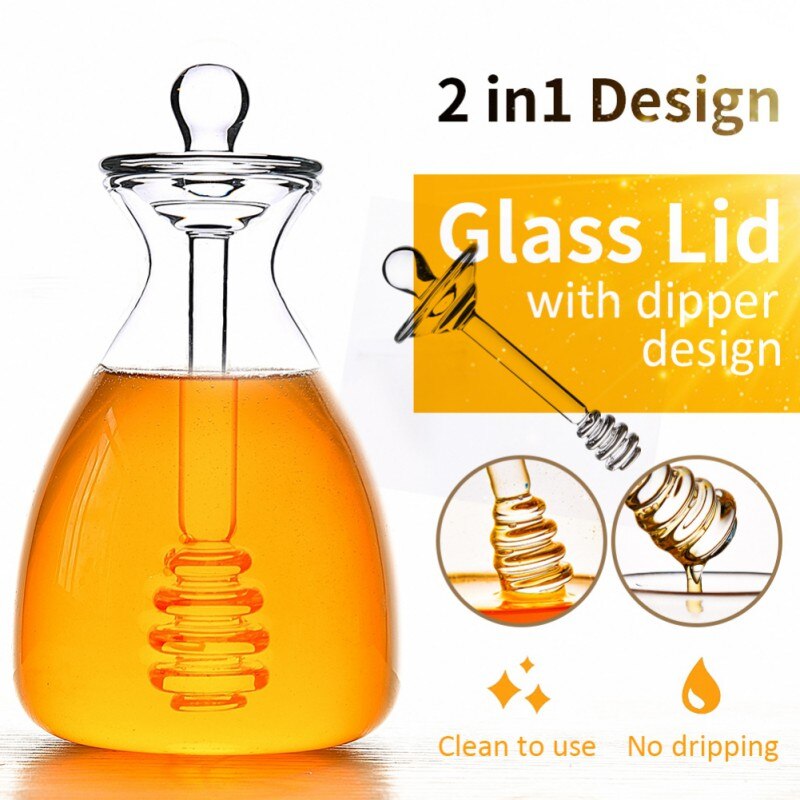 Tarro de miel hecho a mano con Dipper, botellas de vidrio transparente, aceite de miel, envase de miel, contenedor de almacenamiento de alimentos, 1/4 Uds. #11 oz/14 oz