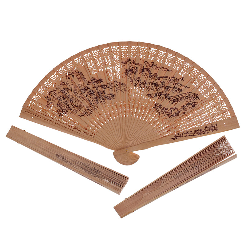 Chinese Folding Fan Incense Wood Hand-cranked Fan Sandalwood Hollow Hand-held Fan Wood Carving Printing Decorative Craft Fan