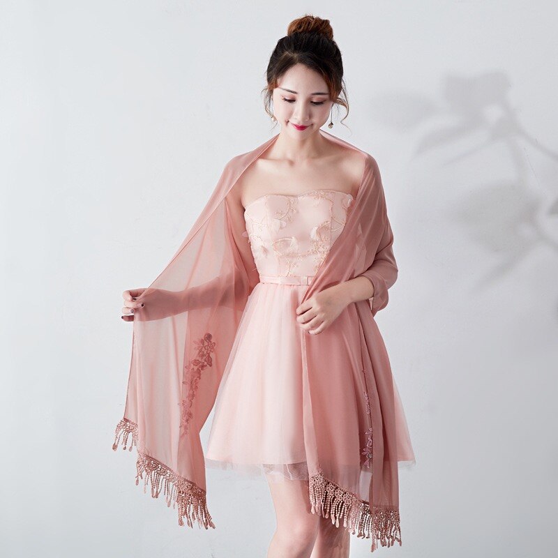 Longue mousseline de soie étole dentelle Appliques perlées robes de soirée châles de mariage enveloppes avec gland Capes de mariée fête: Red bean paste
