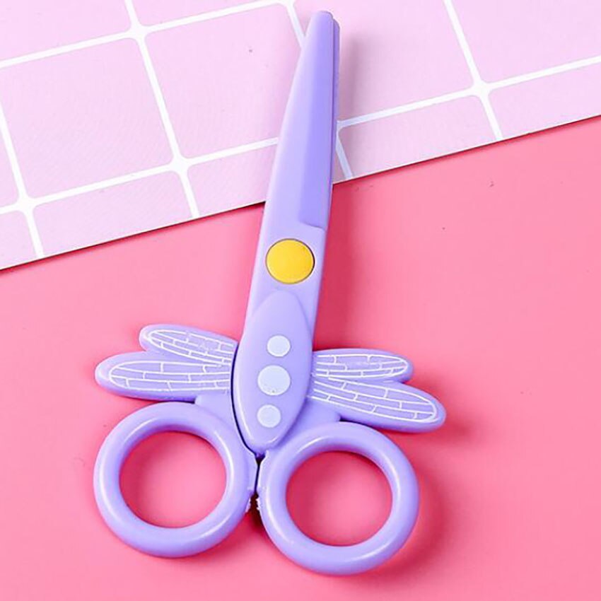 1PC Children Safety Scissor Kindergarten DIY Handmade Card Photo Pattern Scissors Cartoon Dragonfly Shaped Paper Cutting Scissor: Purple