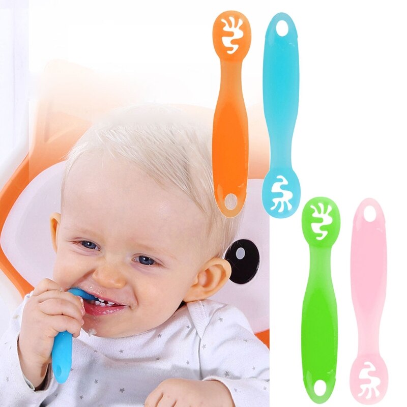 2 Stuks Mooie Baby Leren Lepels Set Infant Toddler Antislip Voeden Training Keukengerei Servies Siliconen Bijtring