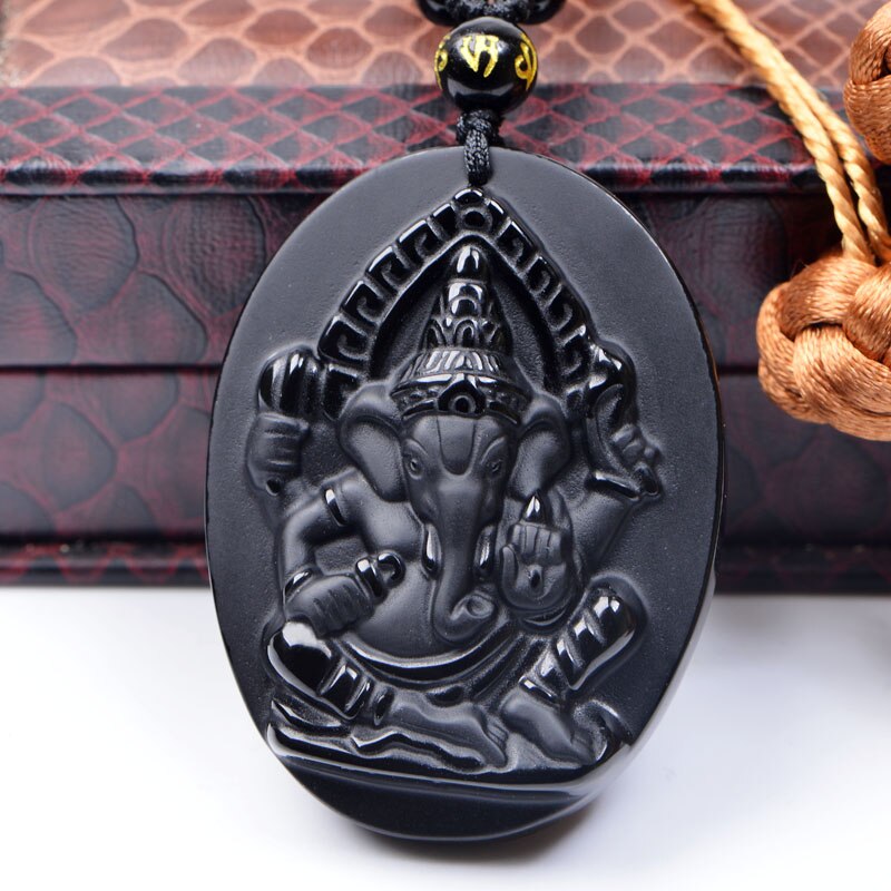 Obsidian Elefanten Ganesha Amulett anhänger mit Kette obsidian Segen Glück anhänger