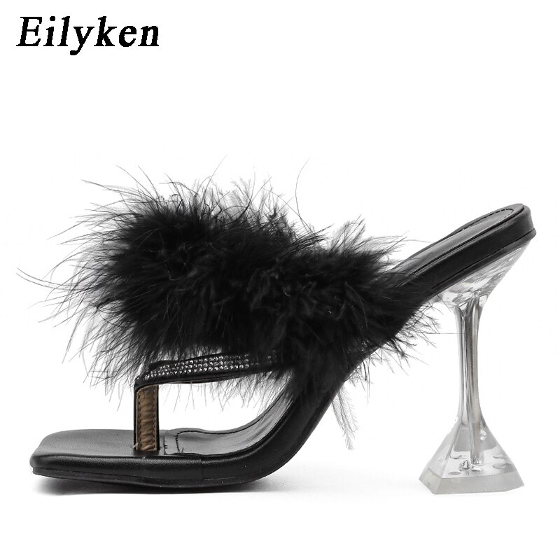 Eilyken-pantoufles d'été plume à talons hauts pour femmes, tongs à bout carré cristal clair, chaussures d'été, collection: Black / 35