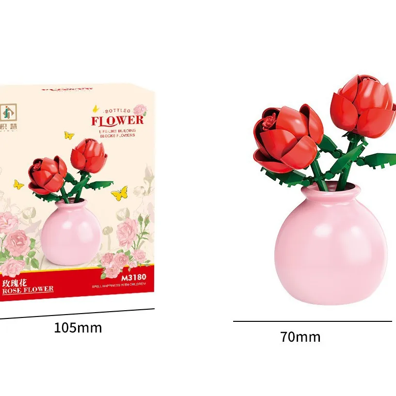 Building block pot plant bouquet of flowers, roses, lily building blocks, toys with flower pots, cute living room ornaments