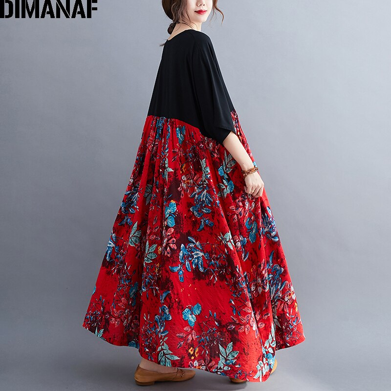 DIMANAF Plus Size Women Dress Print Floral Cotton Sundress Lady Vestidos Spliced Black Loose Casual Maxi Dress 5XL 6XL Clothing
