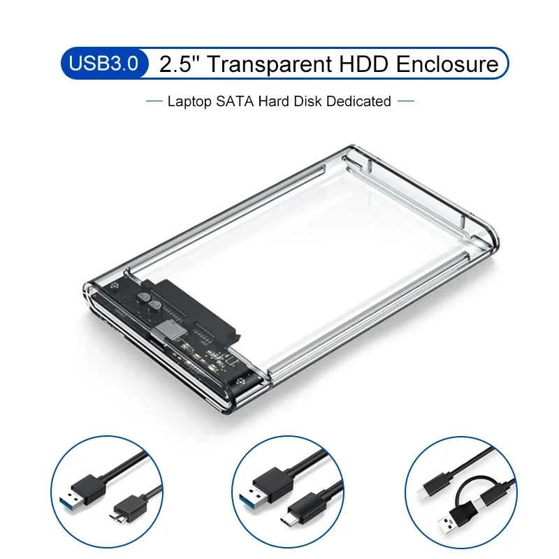 Gabinete HDD 3.0/2.0 Caixa de disco rígido SATA SSD de 2,5 polegadas com velocidade de transferência de 5 Gbps e caixa externa móvel com design transparente