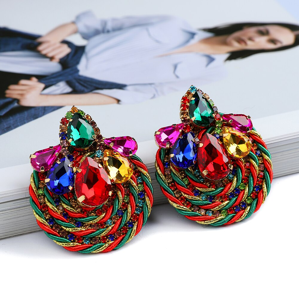 Ethnic Style Cotton Cord Weave Round Ear Accessories Vintage Sparkly Crystal Dangle Earrings For Women Luxury Jewelry