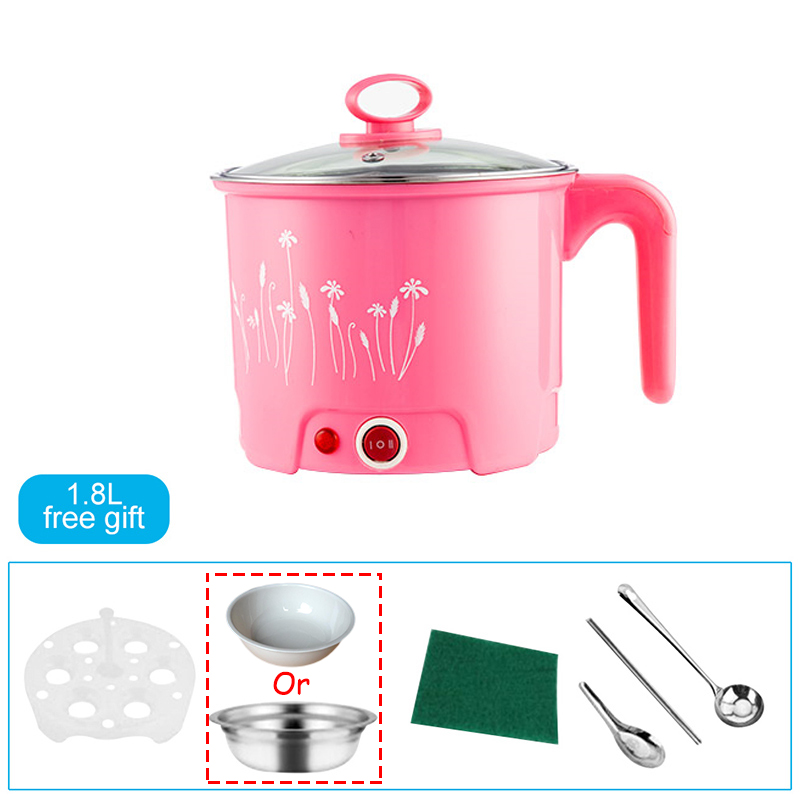 1.8L Multi-function Electric Skillet Noodles Rice Cooker Thermal Insulation Cooking Pot Pan Food Container WITH FREE: 1.8L pink