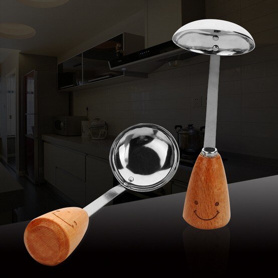 UXCELL-utensilios de cocina de acero inoxidable con mango de cara sonriente, cuchara para sopa, cucharón de madera, KX 226, 1 unidad
