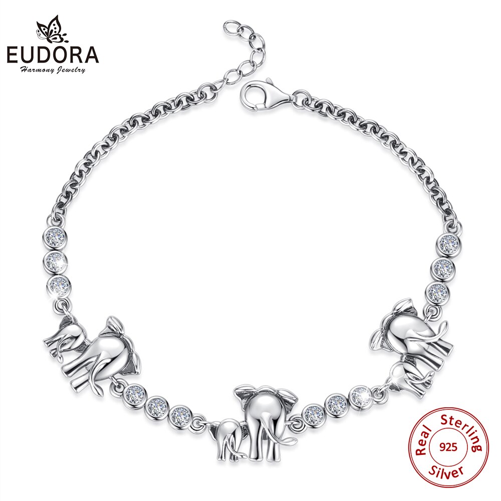 Eudora Echt 925 Sterling Zilveren Olifant Handgemaakte Armband Met 12 Zirconia Sieraden Dier 6 Olifanten Vrouwen Armband BC05