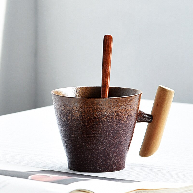 Japanischen stil Jahrgang Keramik Kaffee Becher Tee Tasse Becher Rost Glasur Büro Tee Milch Bahre Becher mit löffel Holz Griff wasser Tasse: Stil1 B